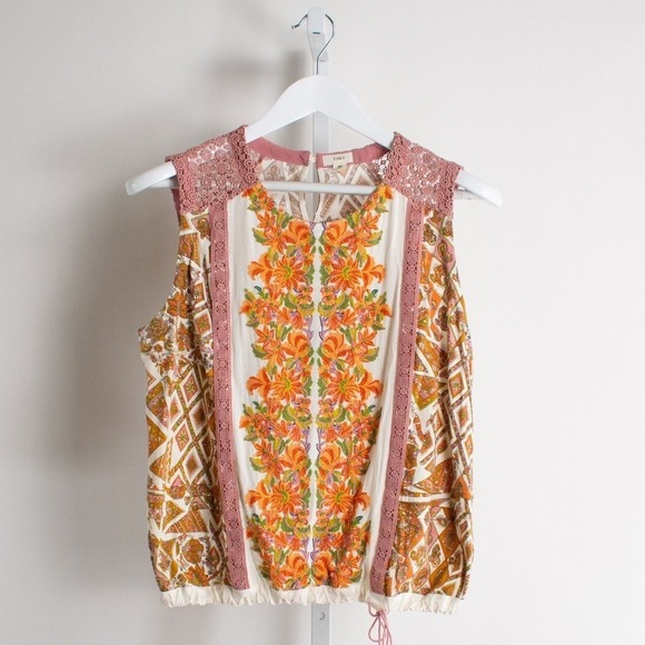 Tiny Anthropologie Floral Embroidered Top Bohemian Sleeveless Cream Orange M - Picture 1 of 11